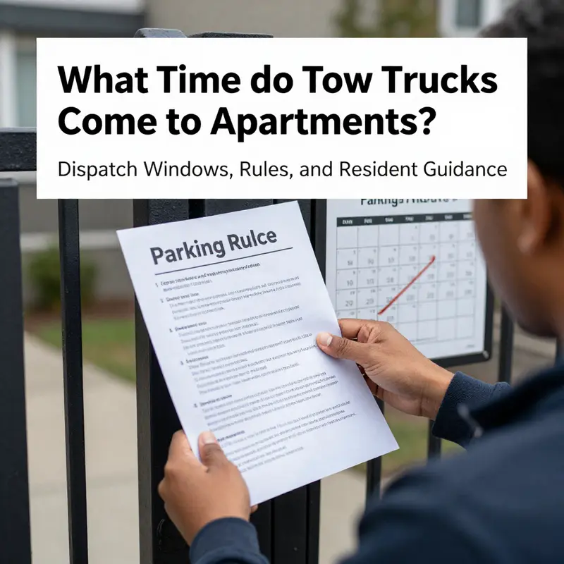 Tow dispatch typically occurs within defined weekday windows at apartment complexes.