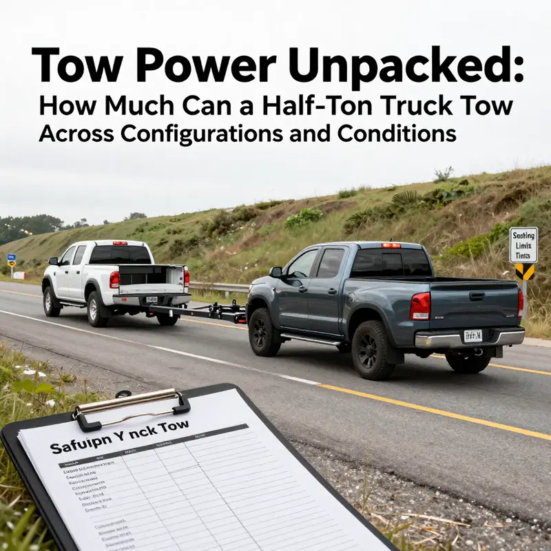 Diagram of towing capacity determinants for half-ton pickups, highlighting engine, drivetrain, hitch, and braking factors.