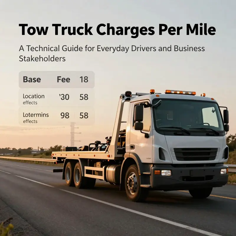 Tow truck on the roadside with pricing overlays illustrating base fees and per-mile rates.