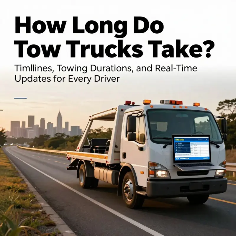 Tow truck loading a car on a highway during golden hour, with dispatch updates and distant city skyline.