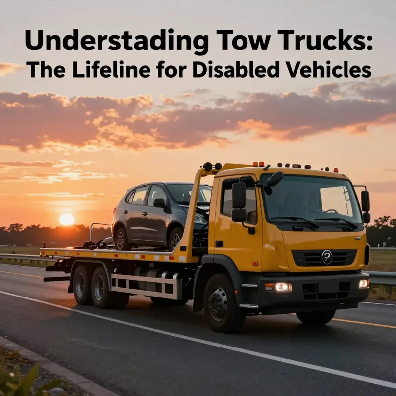 Tow truck assisting a broken-down vehicle on a highway at sunset.