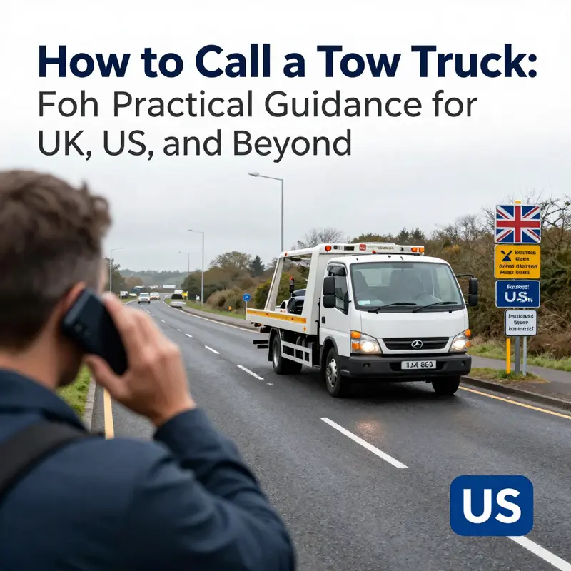 Roadside scene of a driver calling for a tow truck as a tow truck arrives, illustrating UK and US dispatch scenarios.