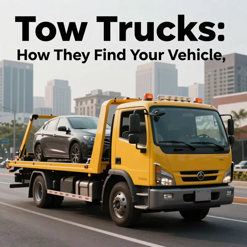 A tow truck navigating through a city road, with buildings and pedestrians in the background.