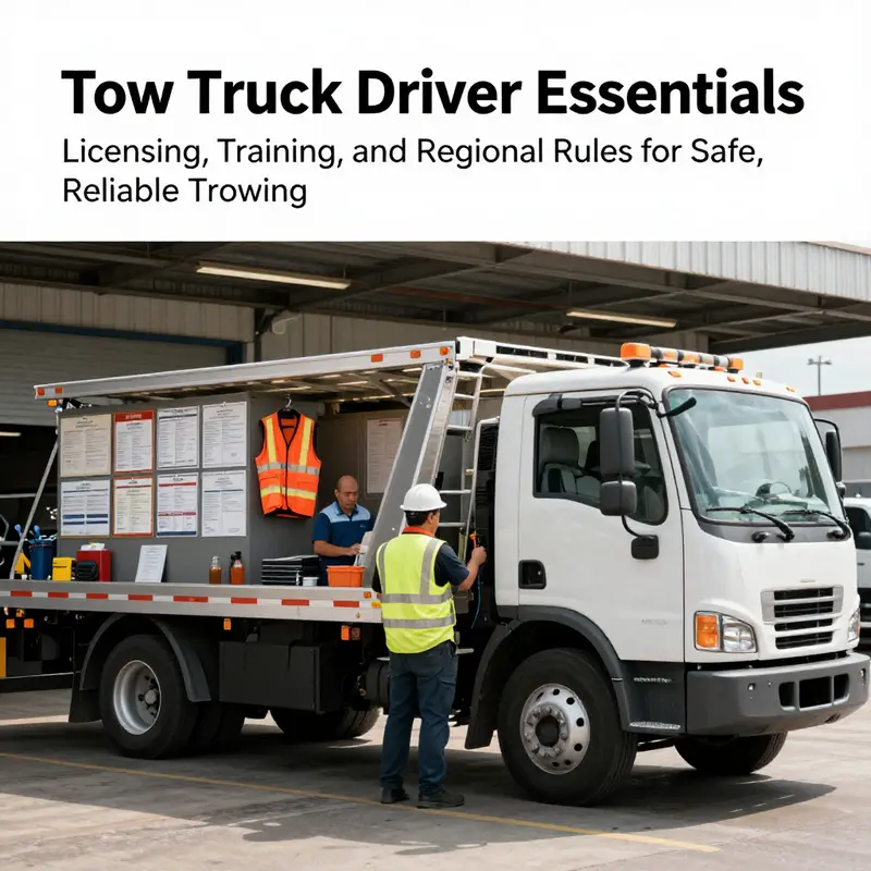 Tow truck depot scene with licensing and safety gear, illustrating the tow driver qualification landscape.