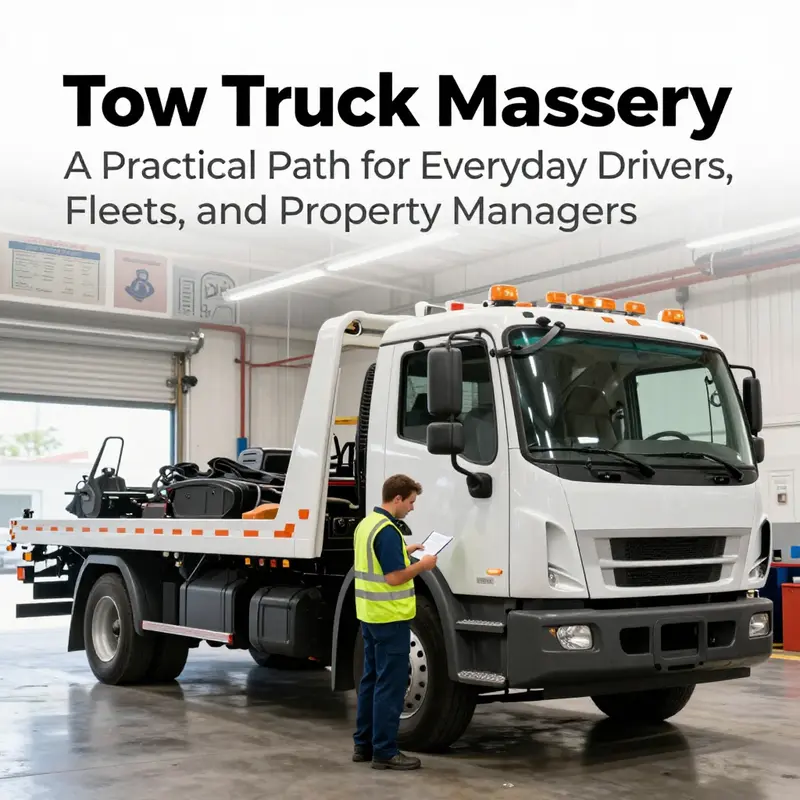 Tow truck driver in a reflective vest reviewing documents near a tow truck, with a service bay and safety symbols in the background.