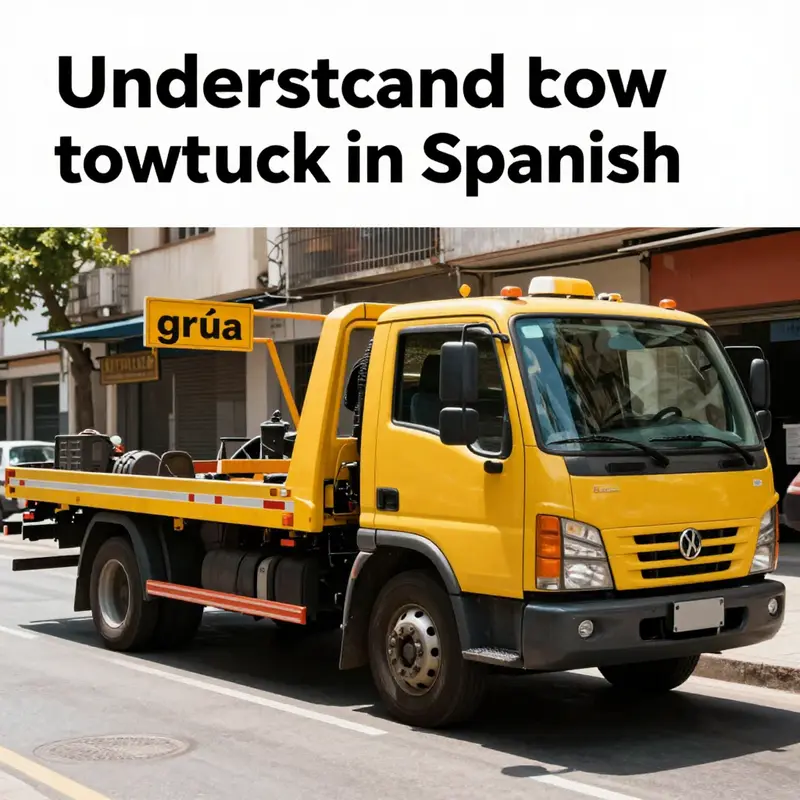 A tow truck labeled ‘grúa’, symbolizing the standard term used in Spanish for towing services.