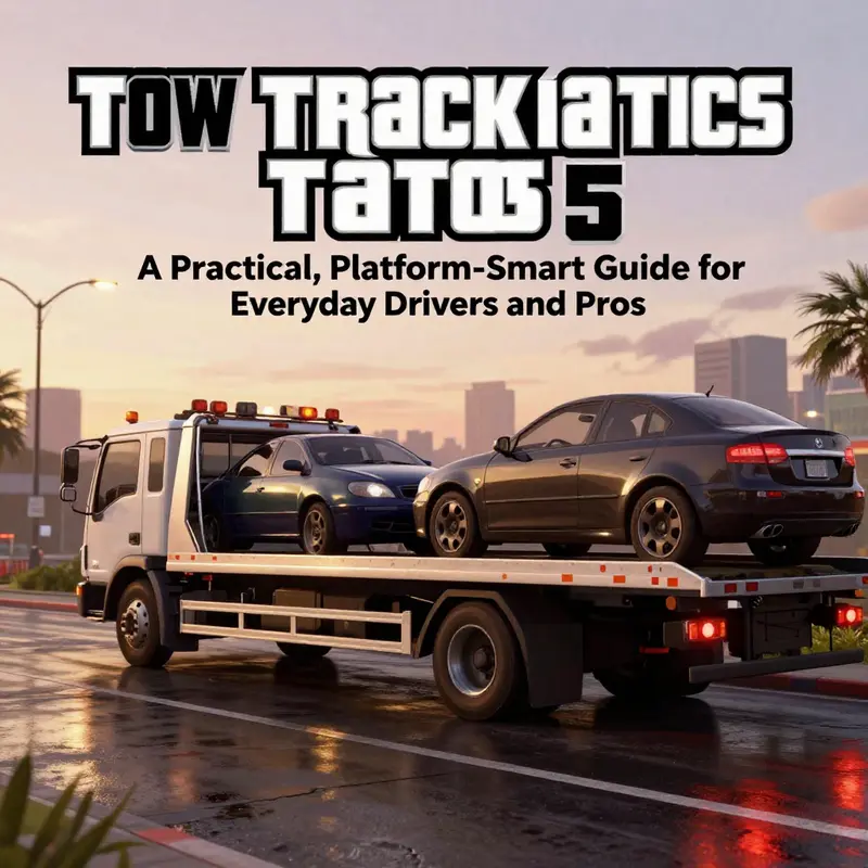 Cover image showing a GTA 5 tow truck attached to a car on a city street at dusk.