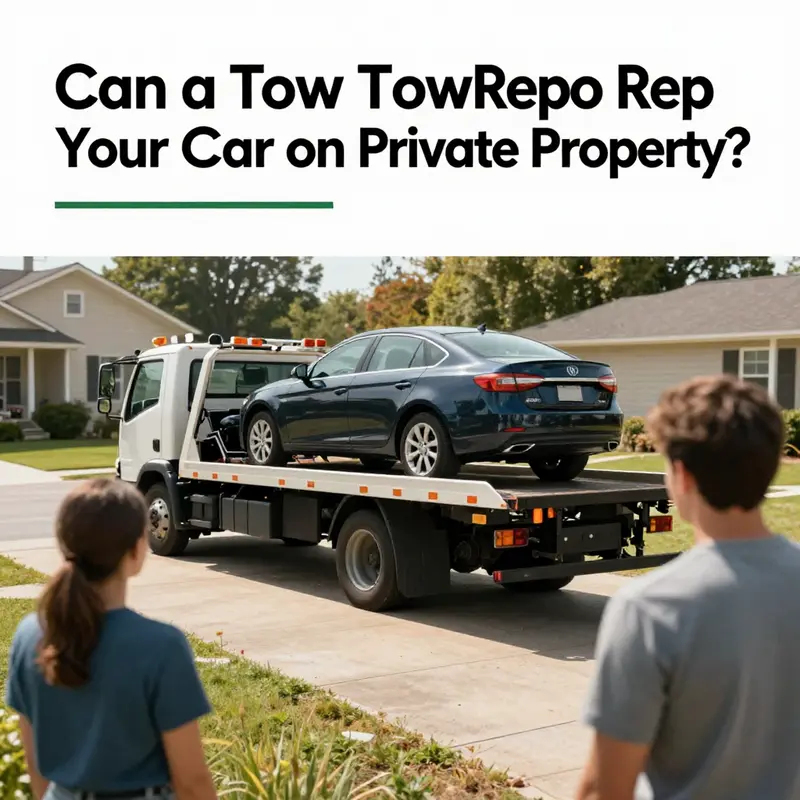 A tow truck poised to repossess a car from a private driveway, illustrating the complexities of private property vehicle repossession.