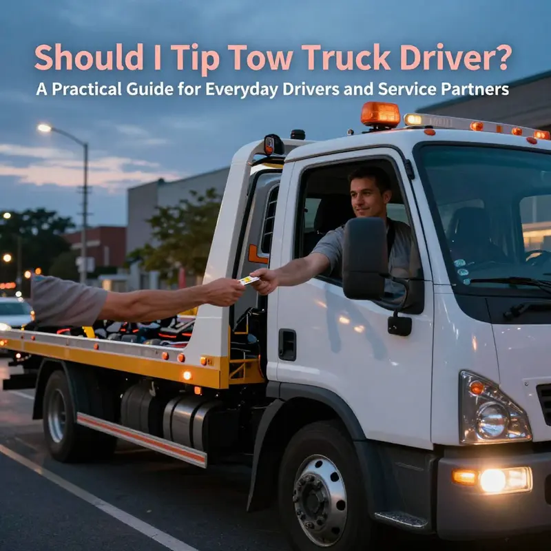 Photorealistic cover image of a tow truck driver accepting a tip from a stranded motorist on a city street at dusk.