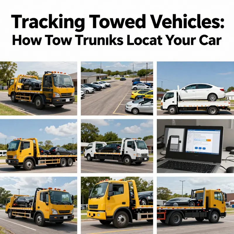 A visual representation of tow trucks, impound lots, and tracking technology related to towing services.