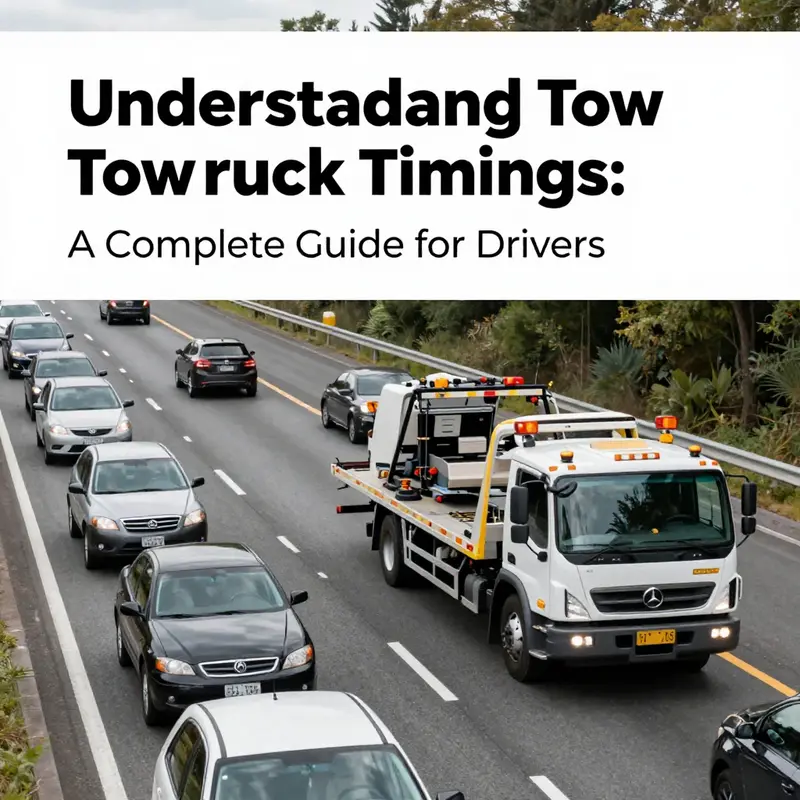 A busy tow truck responds to a breakdown in an urban area, illustrating the potential quick response time.