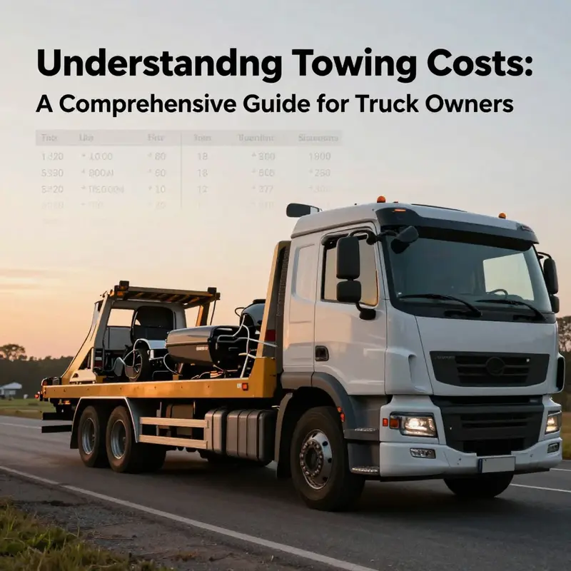 An image illustrating a truck being towed with pricing details and a sunset backdrop.