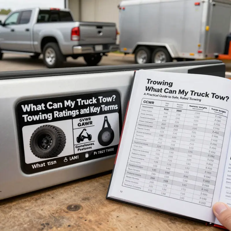 Reading the GVWR, GCWR and towing chart on a truck sticker and owner’s manual.