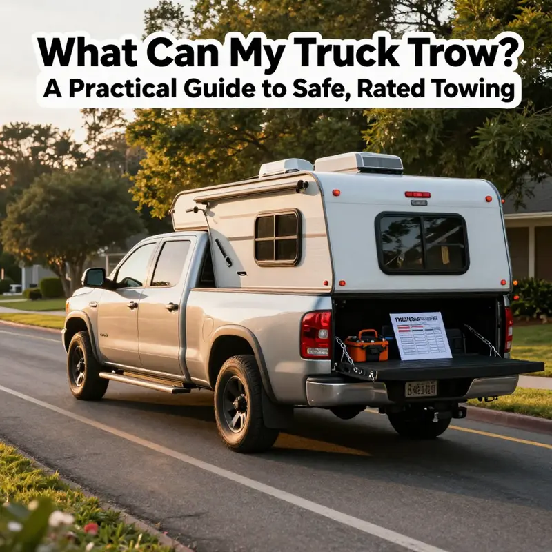 Pickup truck towing a small travel trailer on a suburban road at sunset with visible hitch, safety chains, and a towing checklist on the truck bed.