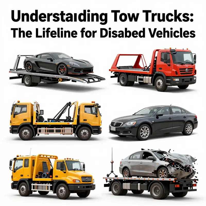 Various types of tow trucks, illustrating their specific functions and applications.