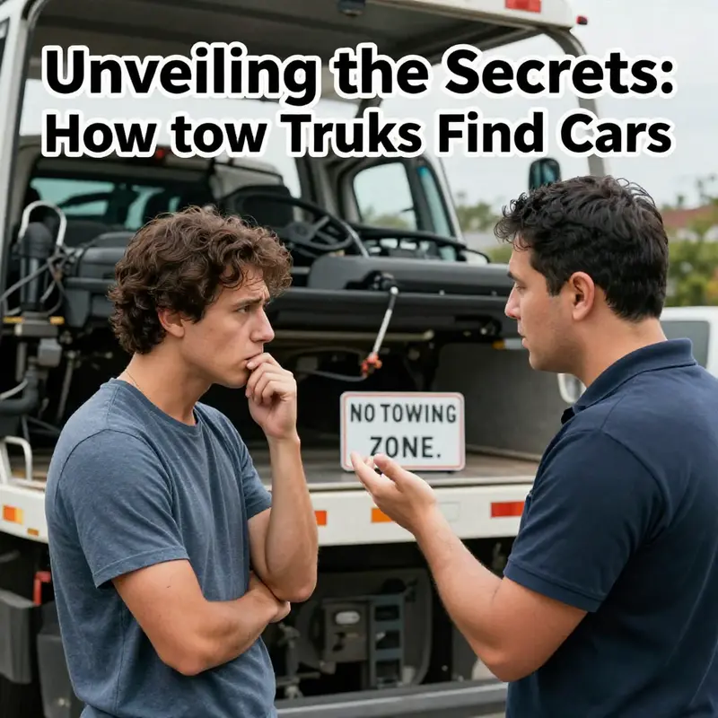 A tow truck driver preparing for vehicle repossession in a residential space.