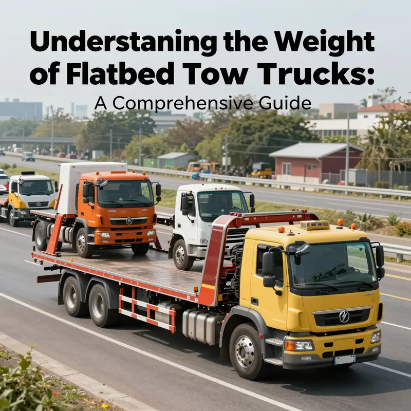 A vibrant illustration of flatbed tow trucks operating in multiple environments, reinforcing the theme of truck weights and their significance.
