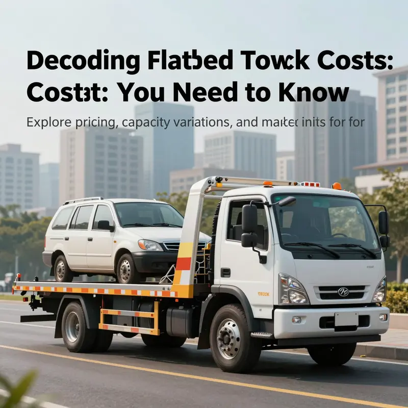 A flatbed tow truck towing a vehicle in an urban environment.