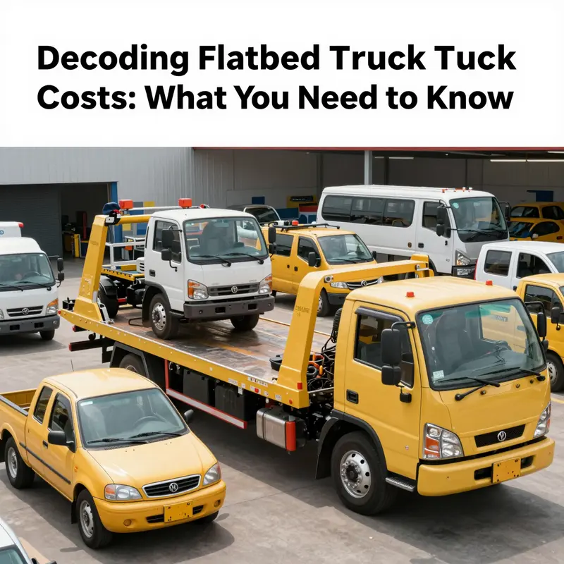 An overview of various flatbed tow trucks displaying diverse pricing.