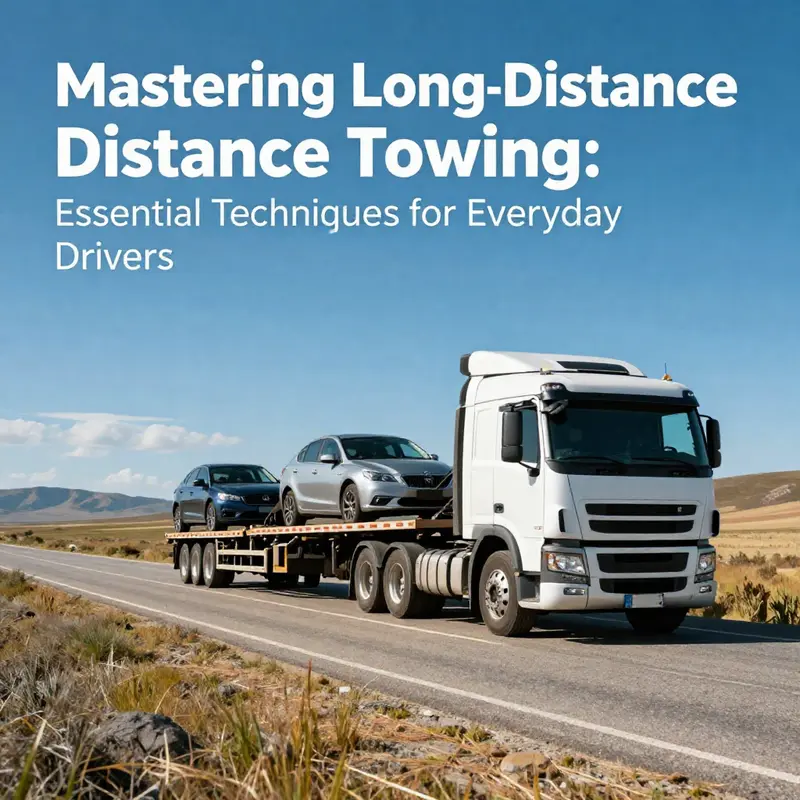 Image of a truck towing a car on a clear sunny day along a picturesque highway, representing long-distance travel.