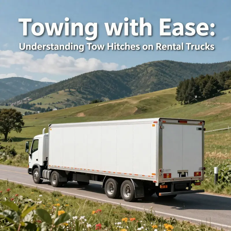 A rental truck towing a trailer in a scenic landscape, highlighting the effectiveness of renting a truck for towing.