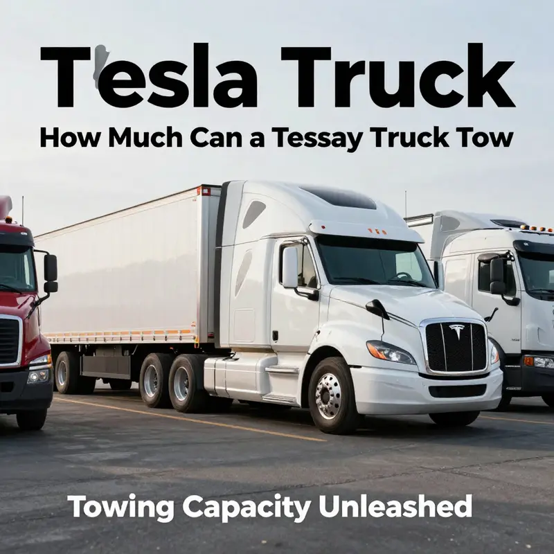 Comparative view of a Tesla Semi truck in a trucking yard focusing on its towing capacity.