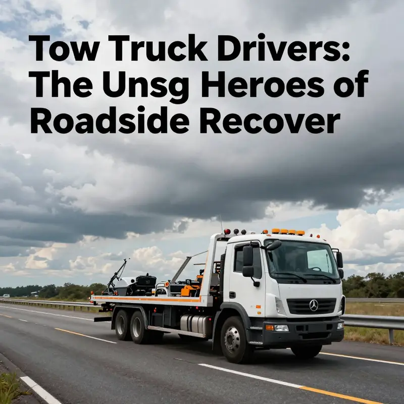 A tow truck on the highway, actively assisting a vehicle, set against a dynamic sky backdrop.