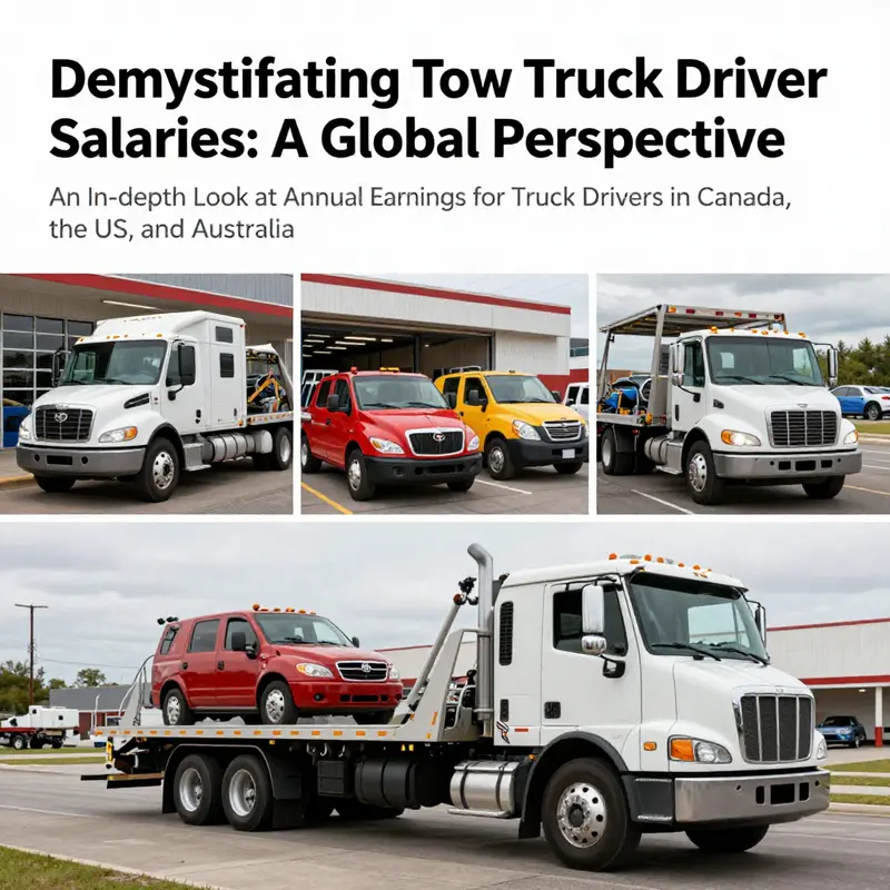 Collage of various tow trucks in an auto repair setting, representing the vital role of tow drivers in the automotive industry.