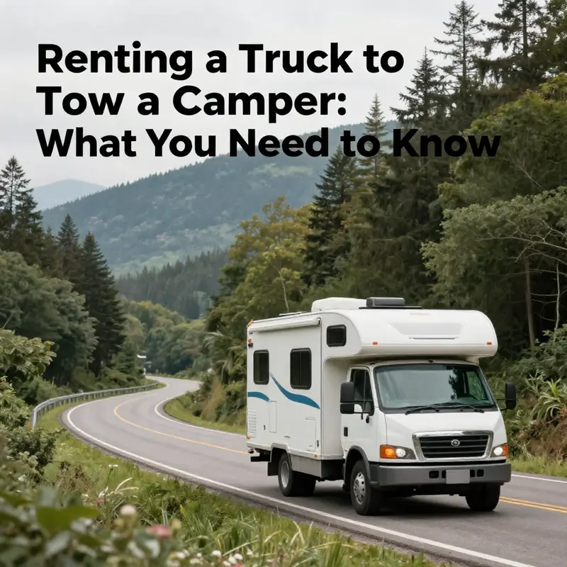 A picturesque landscape where a truck is towing a camper, highlighting adventure and travel.