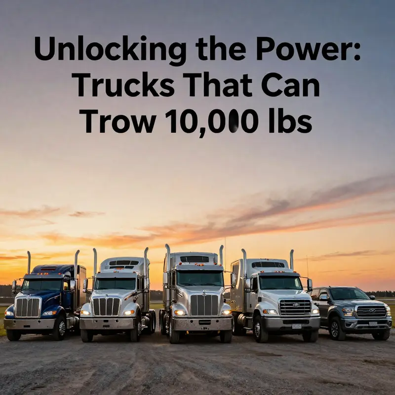 Various truck types capable of towing 10,000 lbs, including heavy-duty, medium-duty, and large pickups, in a picturesque outdoor setting.