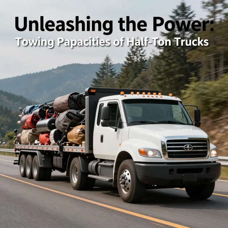 A half-ton truck demonstrating its typical towing capacities on the road.