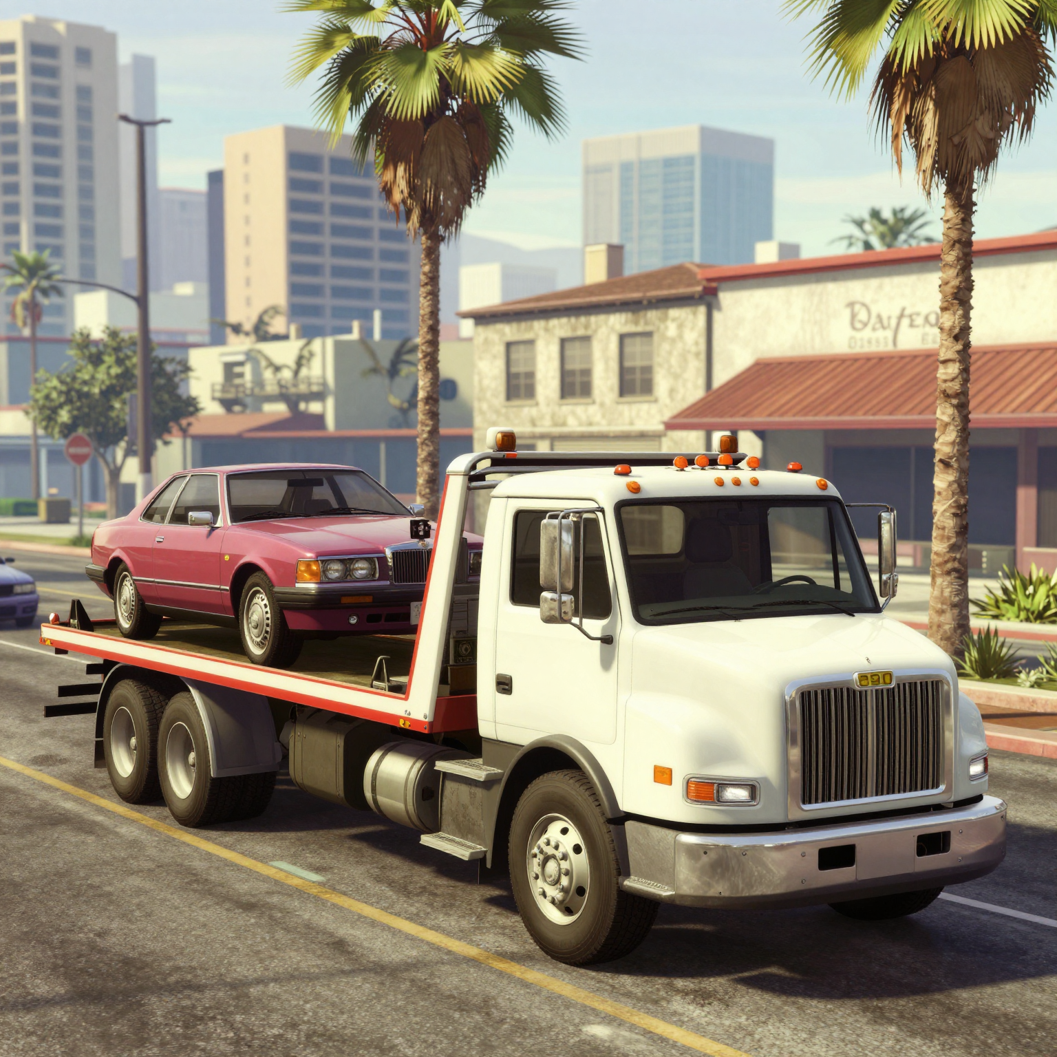 Tow truck in action within GTA 5 landscape