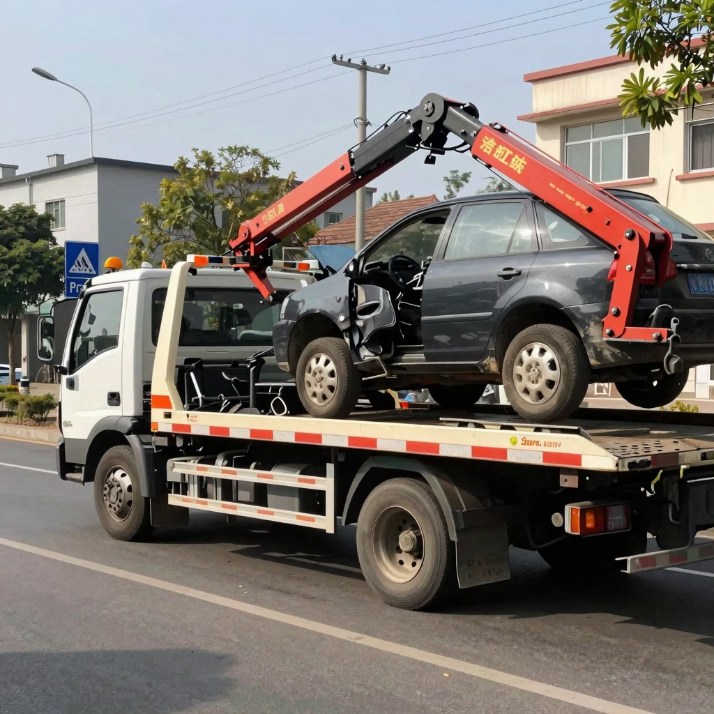 Tow truck in action servicing a broken-down vehicle on the roadside