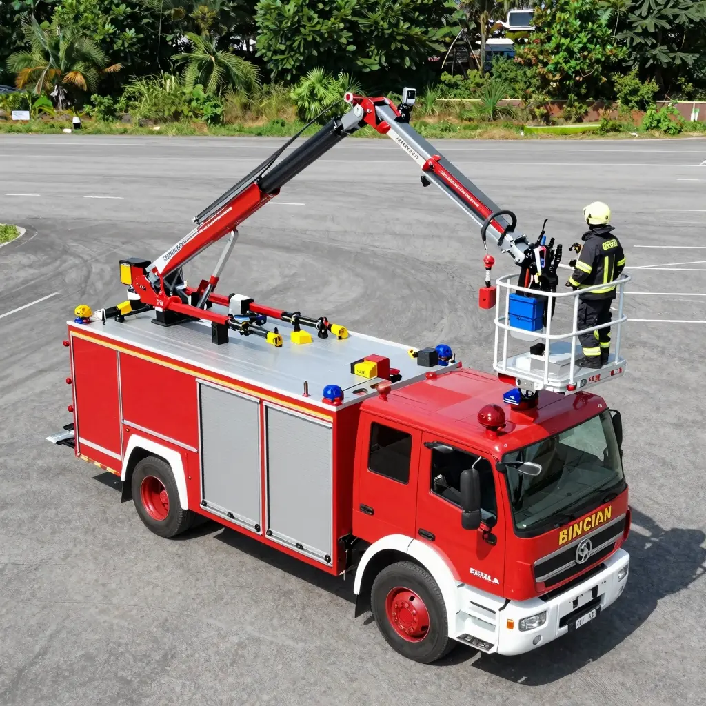 Aerial platform fire truck in action showcasing technology