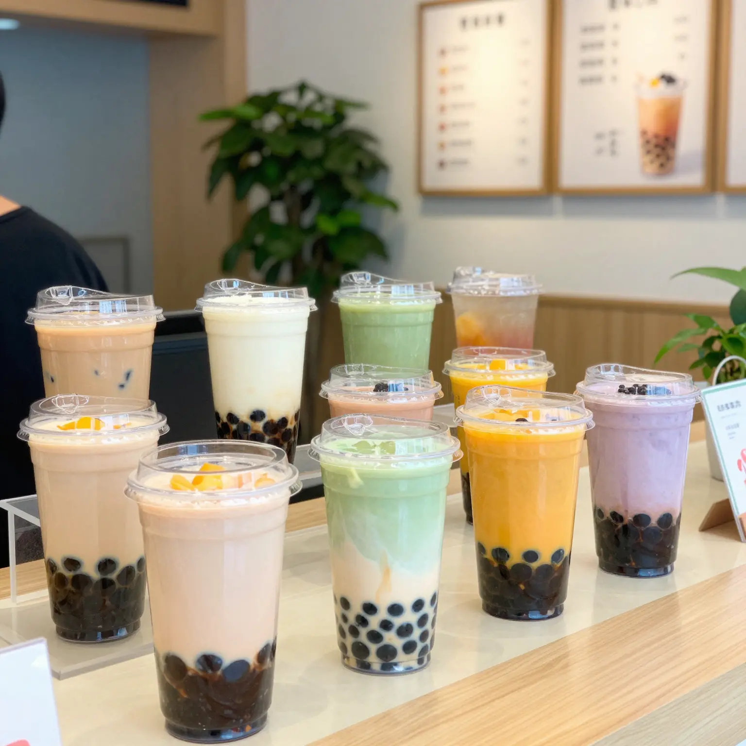 Clear plastic parfait cups displayed in a vibrant bubble tea shop setting.