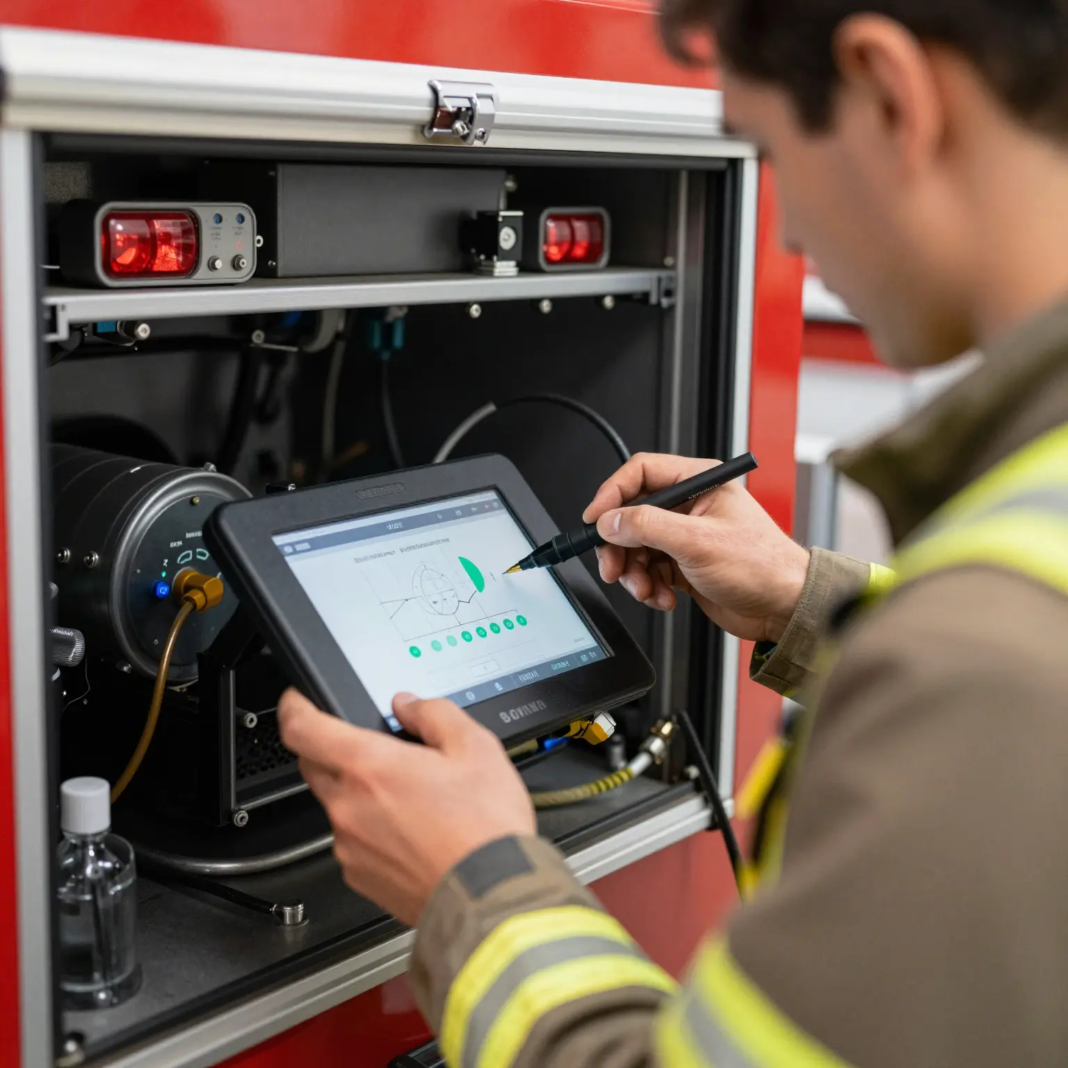 Technician using digital tools in fire apparatus refurbishment