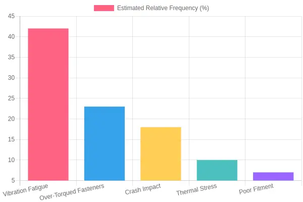 Bar chart titled Reported Frequency of Fairing Mount Tab Crack Causes, showing vibration fatigue at 42 percent as the most common cause, followed by over-torqued fasteners at 23 percent, crash impact at 18 percent, thermal stress at 10 percent, and poor fitment at 7 percent.