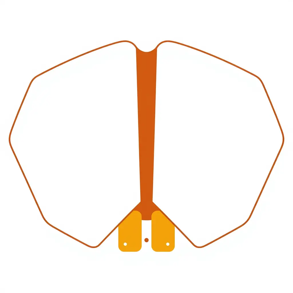 The schematic shows two fairing panels meeting at a seam. The left and right panels each appear as a flat shape in its own color, and a narrow vertical column marks the gap between them. Below the seam, two overlapping mounting tabs interlock with a circular fastener, highlighting how the panels are joined.