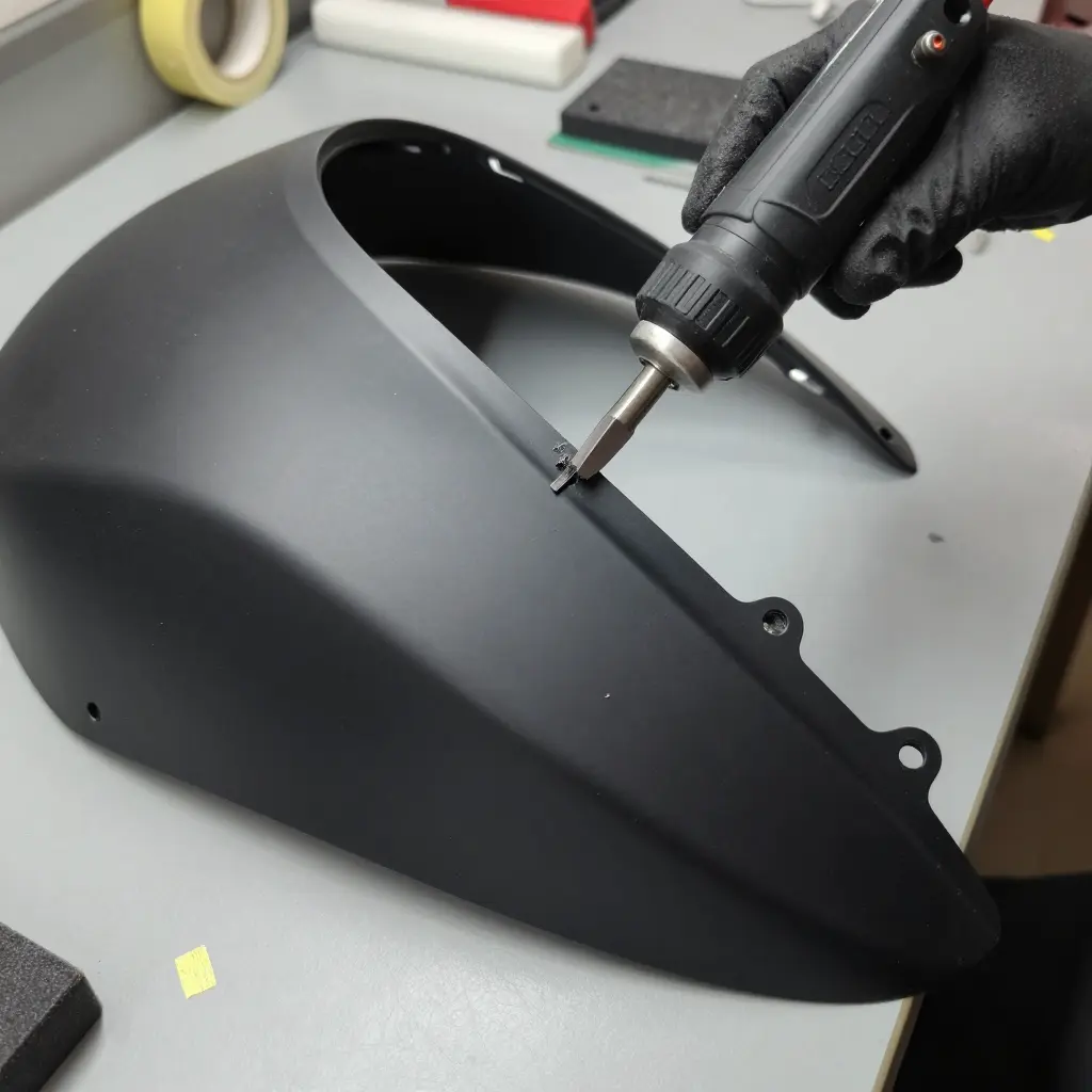 Technician trimming the edge of an aftermarket ABS fairing shell with a rotary tool