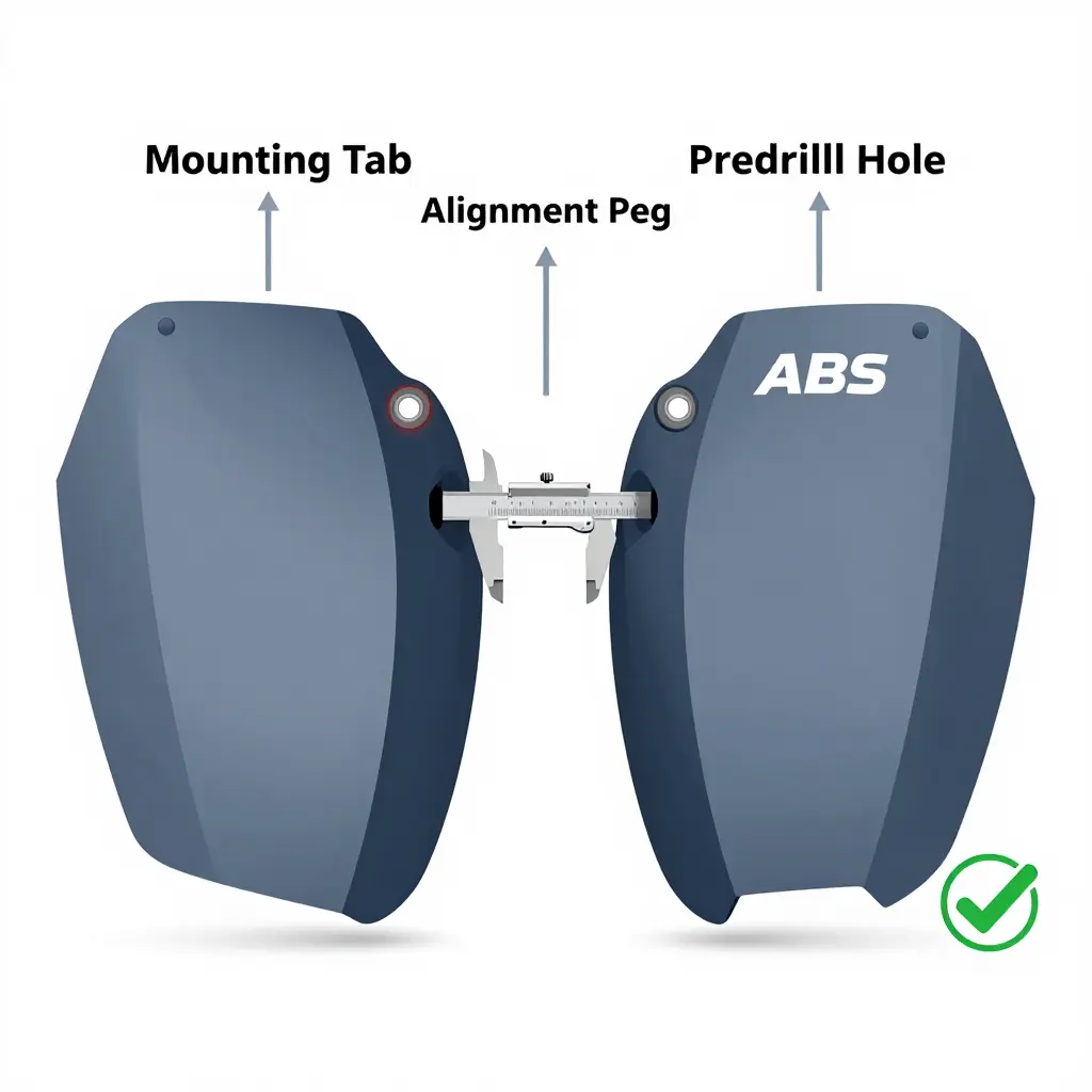 Diagram comparing aftermarket ABS fairing shell mounting tabs, alignment pegs, and predrilled holes against OEM mounting points.