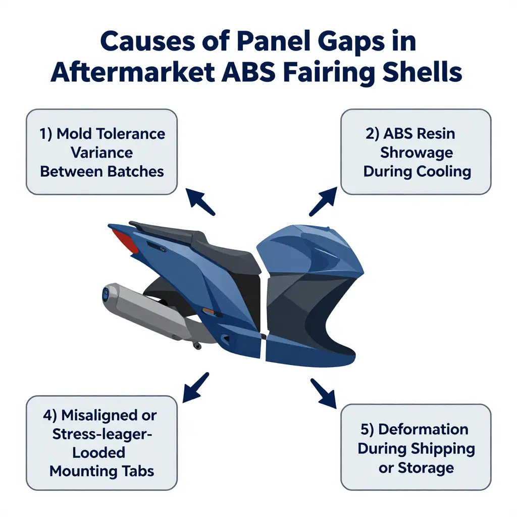 Diagram of the five main causes of panel gaps in aftermarket ABS fairing shells