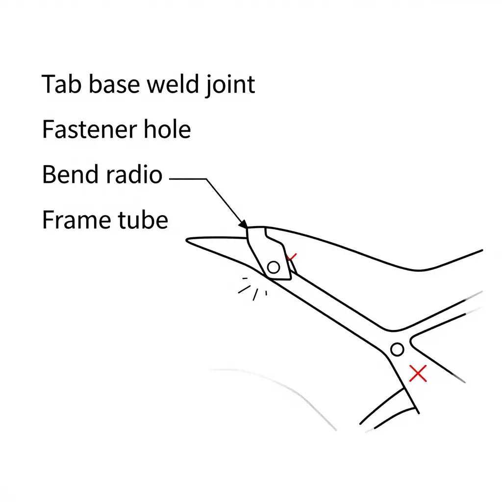 Minimalist 2D line-art diagram of a motorcycle fairing mount tab welded to the frame, with arrows labeling the tab base weld joint, fastener hole, bend radius, and frame tube, plus red X marks on the two common crack stress zones.