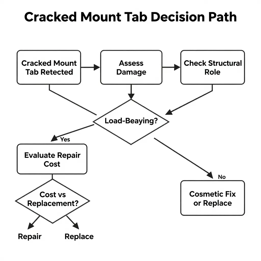 Minimalist 2D flowchart showing the decision path for a cracked motorcycle fairing mount tab, with boxes for assess damage, check structural role, evaluate cost, and final repair or replace branches