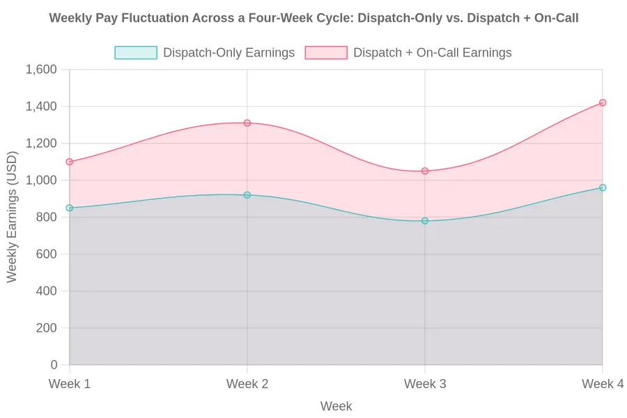 Weekly Pay Fluctuation Across a Four-Week Cycle: Dispatch-Only vs. Dispatch + On-Call