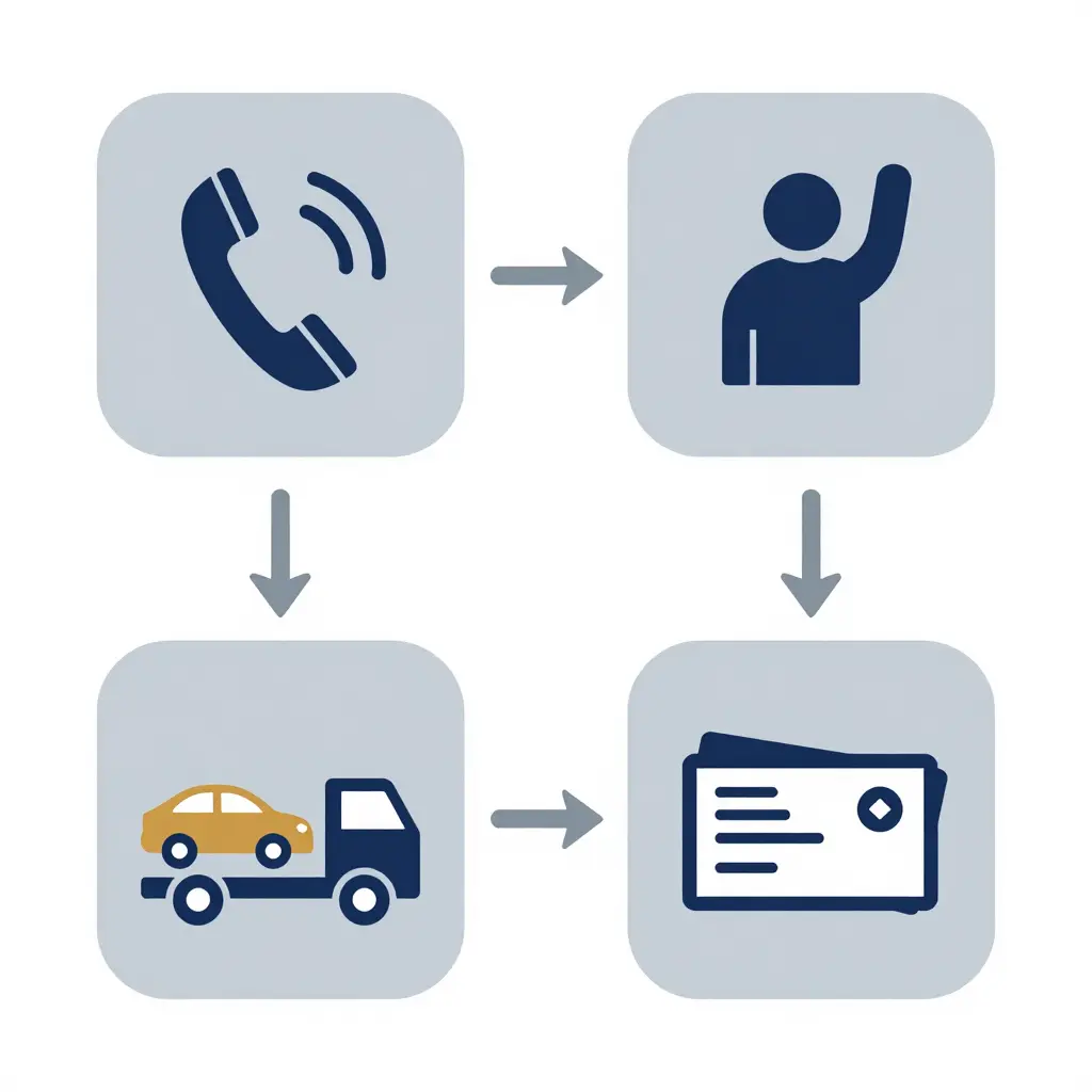 Minimalist 2D flat process diagram showing four stages of tow truck driver pay: a dispatch phone call, a driver accepting the job, a tow truck completing the job, and a weekly check, connected left to right by simple arrows